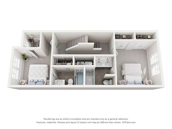 Second floor of the Savannah townhome floorplan at The Maple in Raleigh, NC featuring two spacious bedrooms, full bathrooms, and ample closet space.