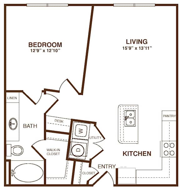 A floor plan of a small apartment with a bedroom, living room, kitchen, and bathroom.