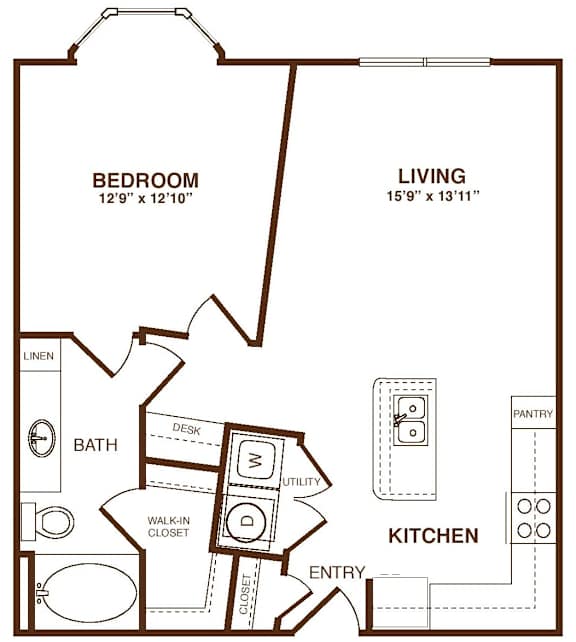 A black and white floor plan of a small apartment with a bedroom, living room, kitchen, and bathroom.