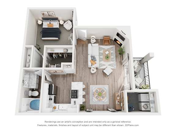 A 3D floor plan of a small apartment with a kitchen, living room, and bathroom.