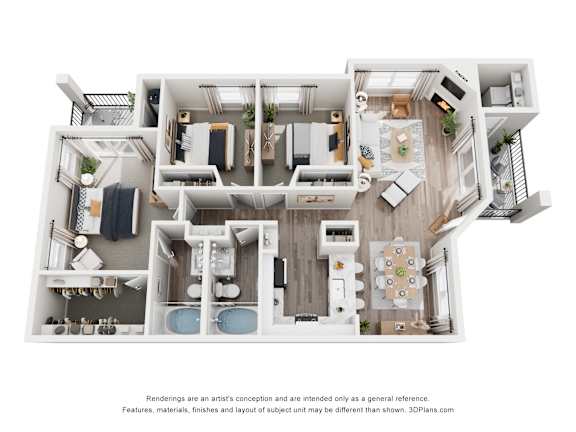 A 3D floor plan of a house with a kitchen, living room, and bathrooms.