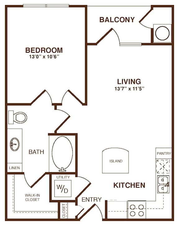 A floor plan of a small apartment with a bedroom, living room, kitchen, and bathroom.
