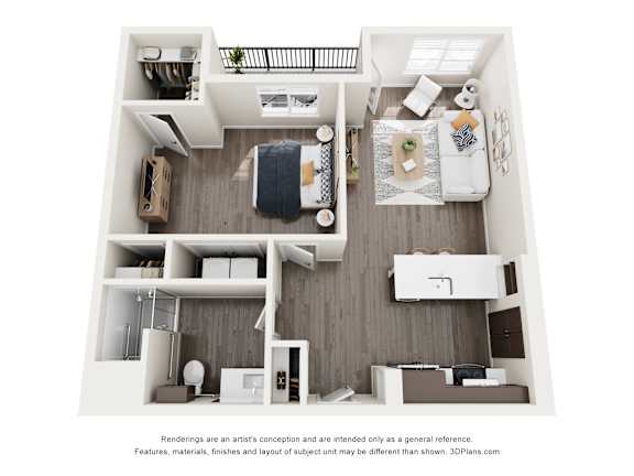 A 3D floor plan of a small apartment with a kitchen, living room, and bedroom.