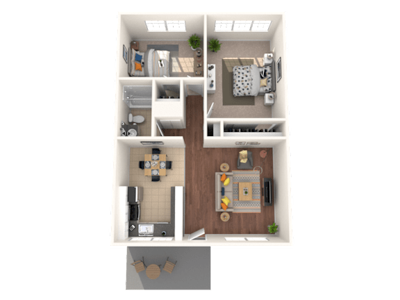 A top-down view of a small apartment with a kitchen, living room, and bathroom.