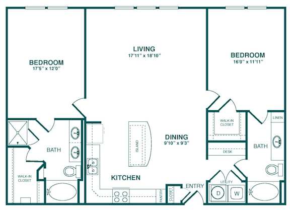 A floor plan of a home with two bedrooms, a living room, a dining room, a kitchen, a bathroom, a walk-in closet, and an entry.