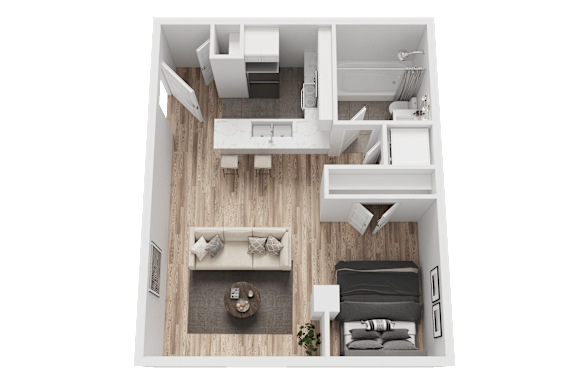 A top-down view of a small, neatly organized apartment with a kitchen, living room, and bedroom.