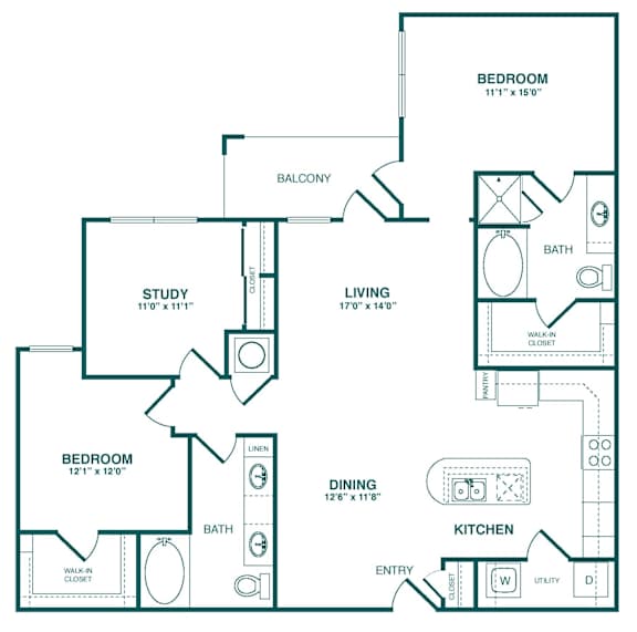 A floor plan of a house with a study, two bedrooms, a living room, a dining area, a kitchen, and a balcony.