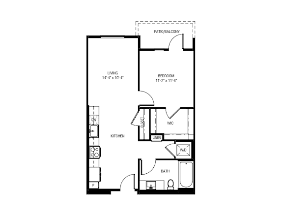 A floor plan of a small apartment with a living room, bedroom, kitchen, and bathroom.