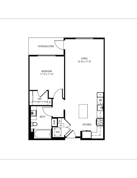A floor plan of a small apartment with a living room, bedroom, bathroom, kitchen, and a pantry.