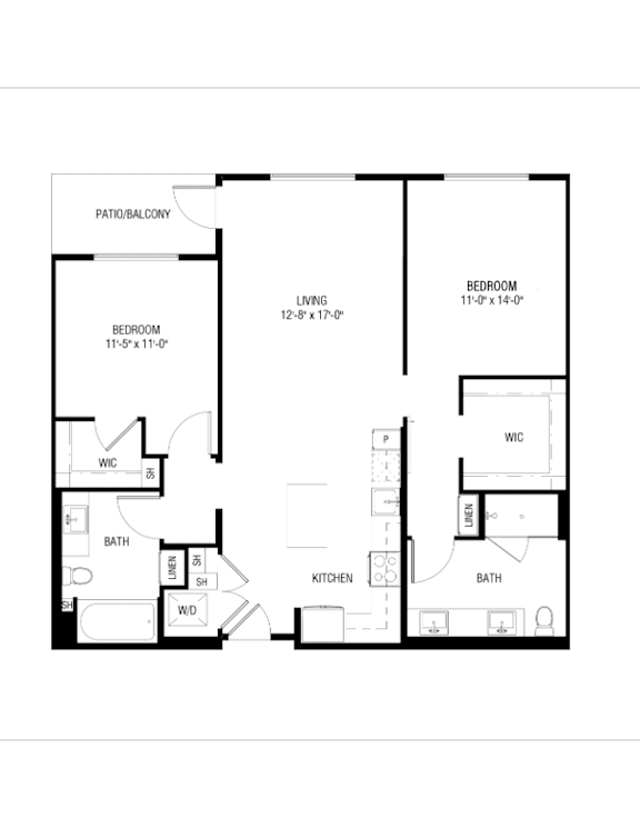 A floor plan of a home with two bedrooms, a living room, a kitchen, a bathroom, and a patio/balcony.