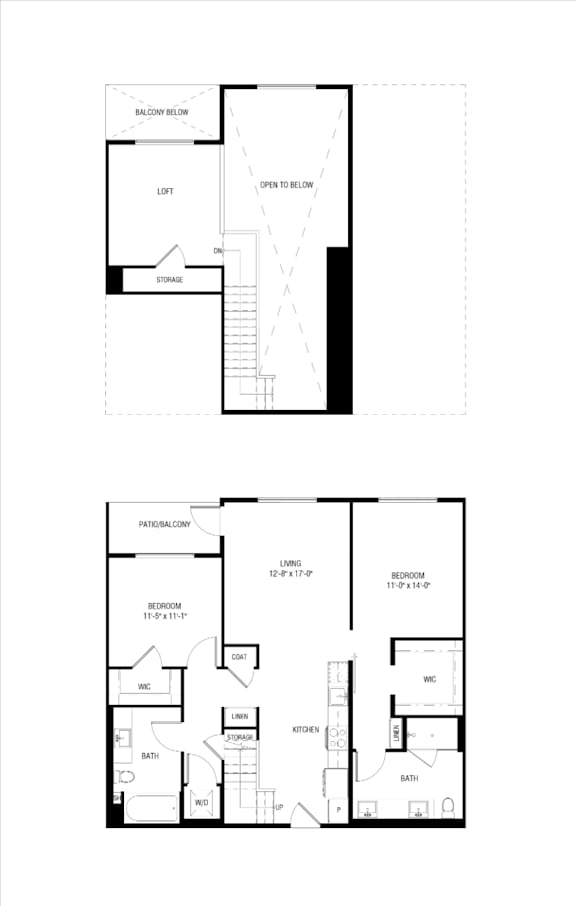 Two black and white floor plans of a house with labeled rooms.