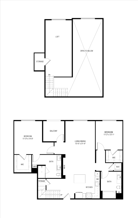 A floor plan of a house with a living room, dining room, kitchen, and two bathrooms.