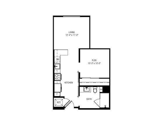 A floor plan of a house with a living room, a kitchen, a bathroom and a flex space.