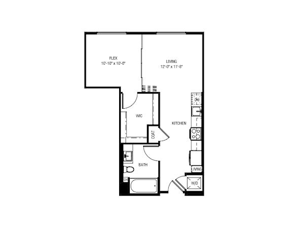 A floor plan of a small apartment with a living room, kitchen, and bathroom.