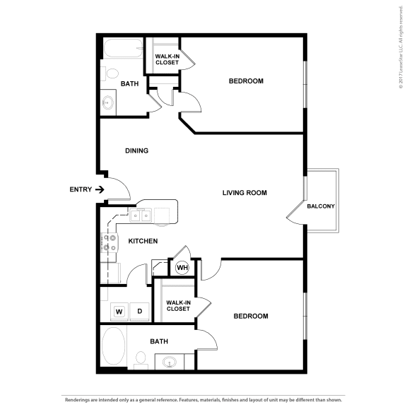One thousand and forty three square foot two bedroom two bath apartment home