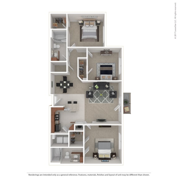 Floor Plan  One thousand two hundred and seventy five square foot three bedroom two bath apartment home