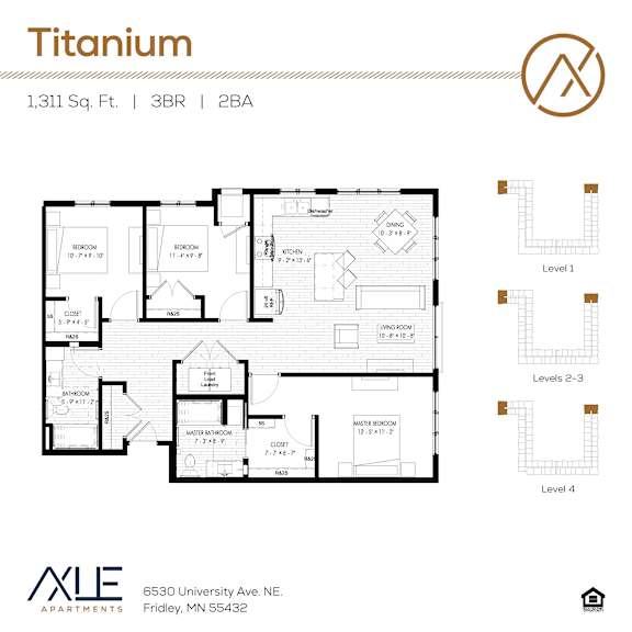 Floor Plan  A floor plan for a Titanium apartment shows four levels with various rooms and measurements.