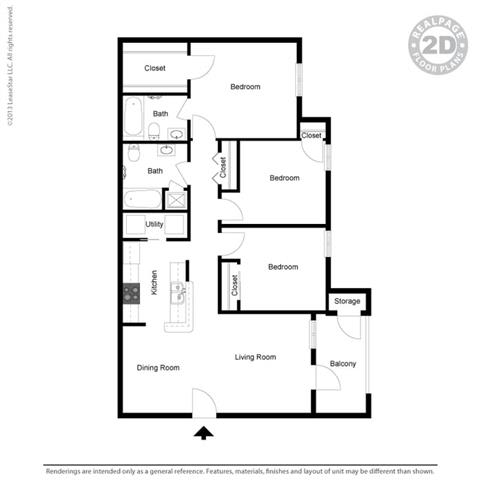 The Parc at Clarksville apartments in Montgomery County Tennessee photo of three bedroom floorplan