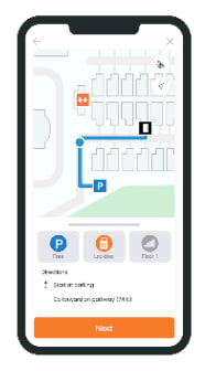 A smartphone screen displays a navigation app with a route highlighted in blue.