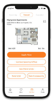 A mobile screen displays an application for Highgrove Apartments with options to apply now, contact the leasing office, see more units, and rate the unit and community.