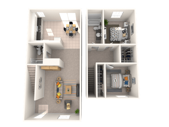 A 3D floor plan of a small apartment with two bedrooms and a living area.