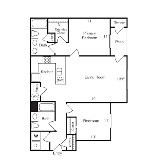 A floor plan of a house with a living room, kitchen, two bedrooms, a bath, and storage.