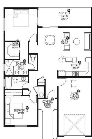 A black and white floor plan of a house with a master bedroom and a master bath.