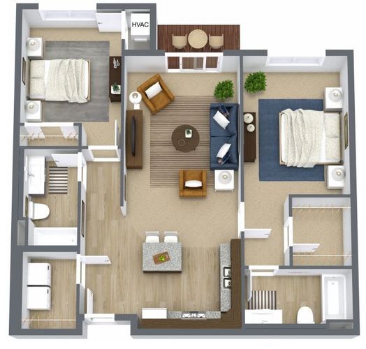 A floor plan of a house with a kitchen, living room, and two bedrooms.