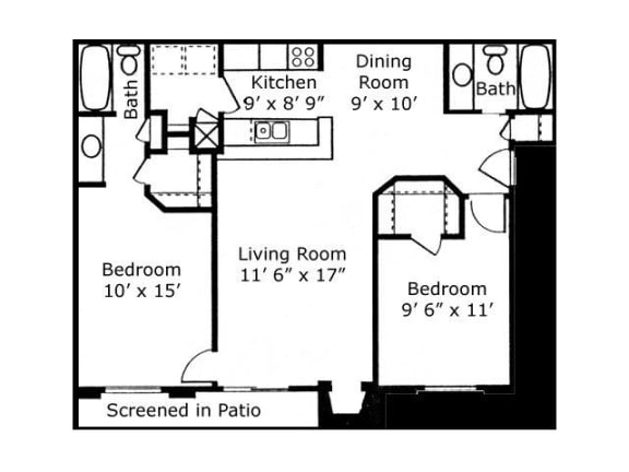 2 Bed - 2 Bath |900 sq ft floorplan