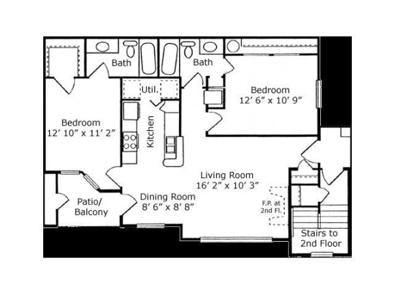 2 Bed - 2 Bath |1005 sq ft floorplan