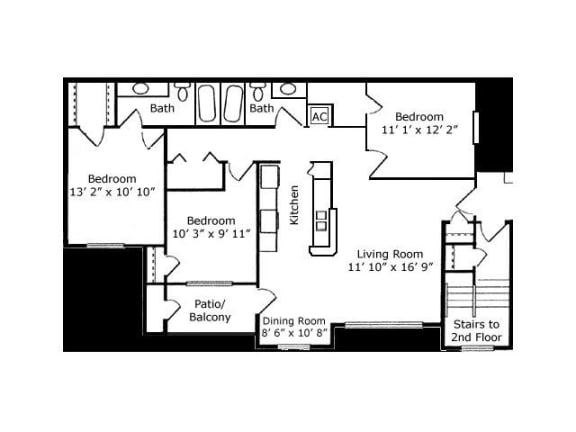 3 Bed - 2 Bath |1185 sq ft floorplan