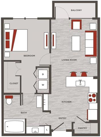 a floor plan of a home with red and white accents