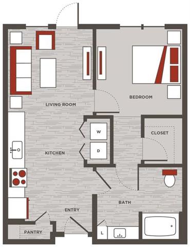 a floor plan of a building with red and white accents