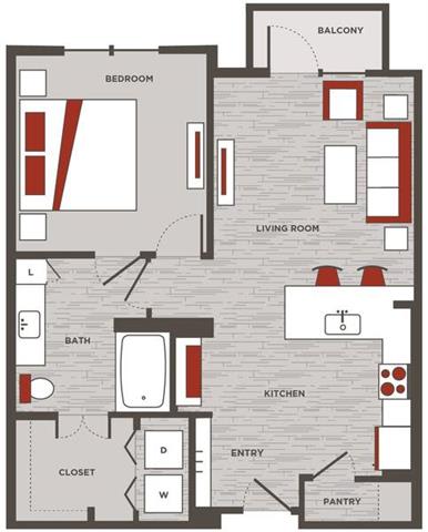 a floor plan of a home with red and white accents