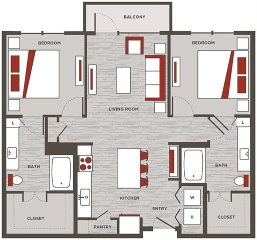 a floor plan of a home with red and white accents