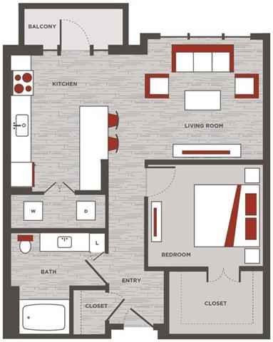 a floor plan of a building with red and white accents