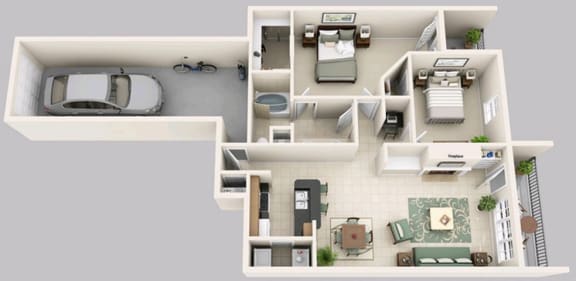 2 Bed - 1 Bath, 1103 sq ft, B1 - Degas floor plan