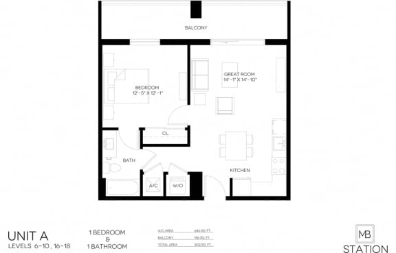 1 Bed 1 Bath 667 square feet floor plan AA