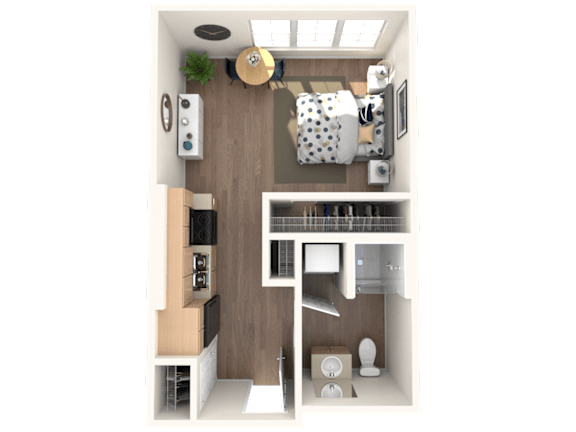 A 3D floor plan of a small apartment with a kitchen, living room, and bathroom.