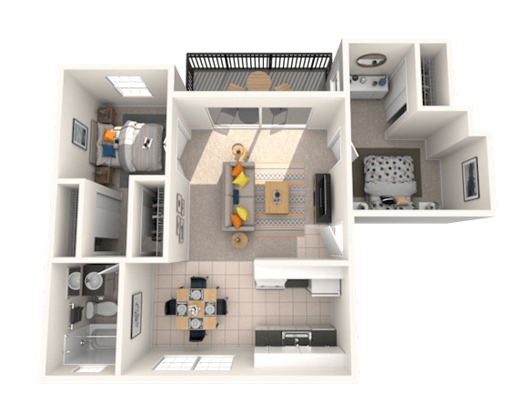 A 3D floor plan of a small apartment with a kitchen, living room, and bathroom.