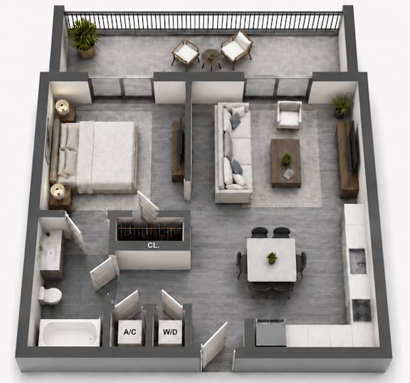 Unit A one-bedroom apartment floor plan at MB Station apartments in Miami, FL featuring an open living and dining area, modern kitchen, spacious bedroom, full bathroom, and private balcony. Pet-friendly apartments near Coral Way, Silver Bluff, Coconut Grove, and Brickell.