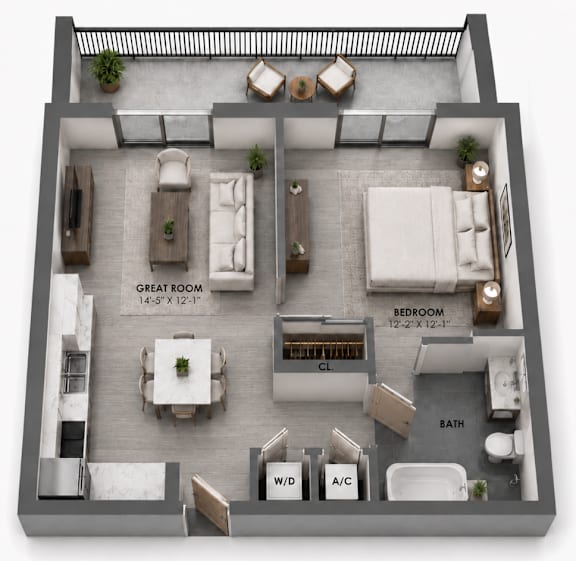 Unit A1 one-bedroom apartment floor plan at MB Station in Miami featuring a spacious great room, contemporary kitchen, private bedroom, full bath, and outdoor living space. Pet-friendly apartments for rent near Coral Way and The Roads.