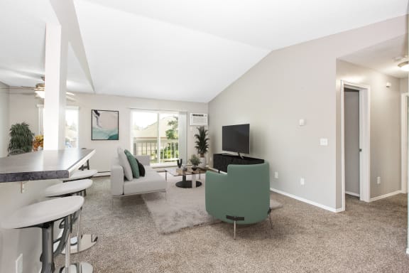 Hinton Heights Apartments in Cottage Grove, MN photo of a living room with couches and chairs and a tv