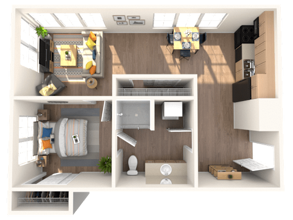 A 3D rendered image of a small apartment layout.