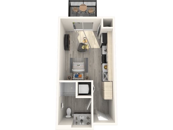 a stylized floor plan of a bedroom with a bathroom
