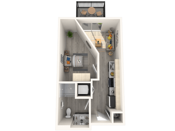 a rendering of a 1 bedroom floor plan with a bathroom and a living room
