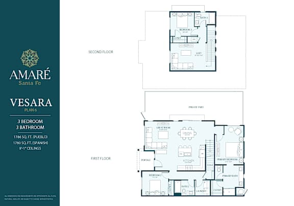 A floor plan for the Amare Santa Fe Vesara shows a first and second floor layout with labeled rooms.