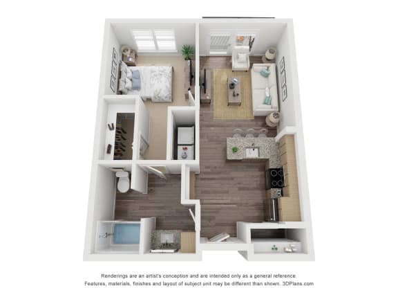 a 3d floor plan of a 1 bedroom apartment