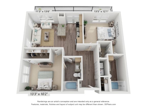 a 3d furnished floor plan of a 1 bedroom apartment