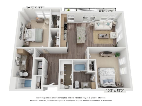 a 3d floor plan of a 1 bedroom apartment
